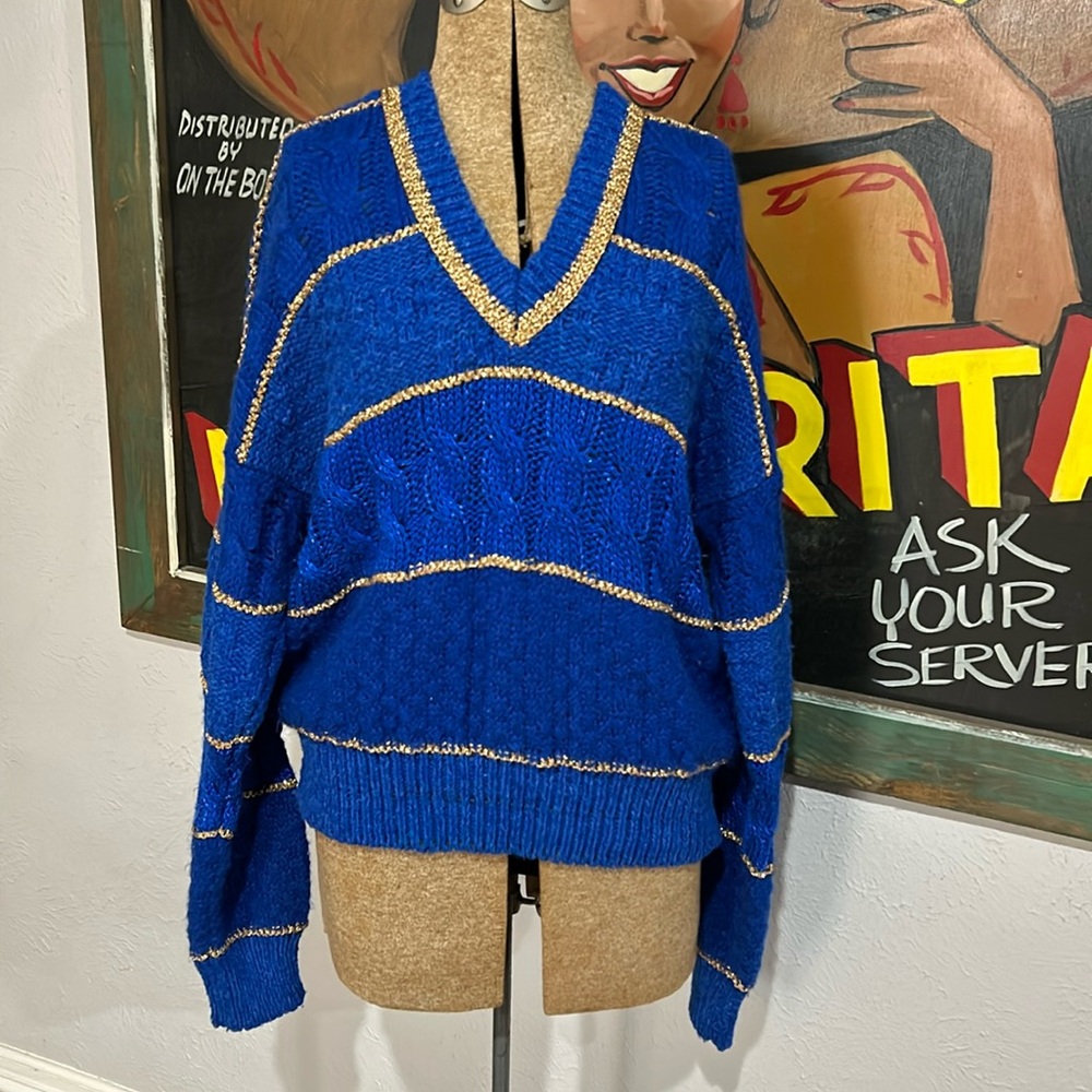 Vintage Liz Sport Blue & Gold Chunky Textured Knit Sweater